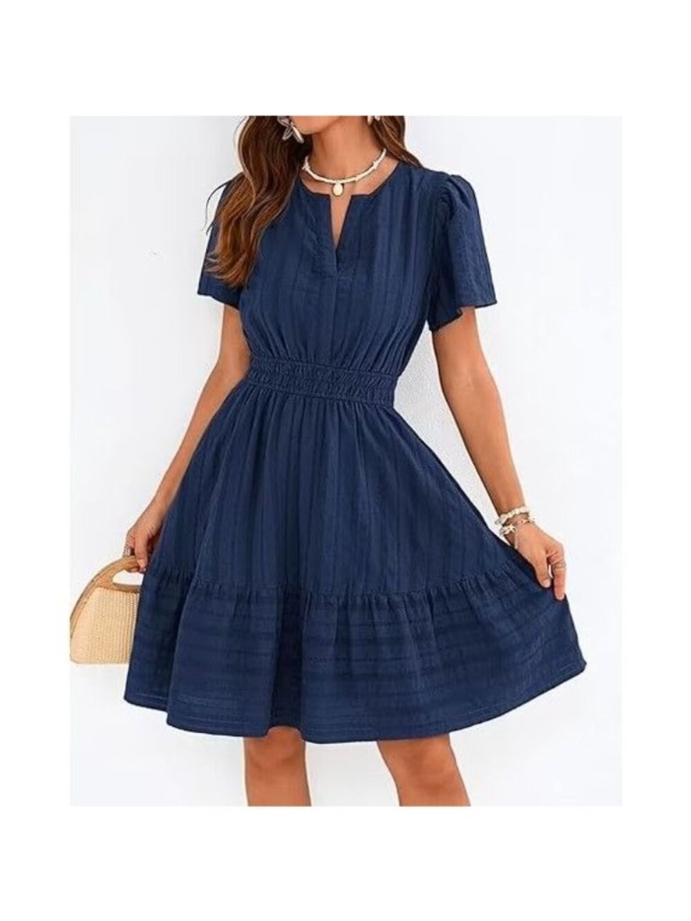BTFBM Womens Navy Blue Short Sleeve V-Neck-Tiered Mini Dress Cotton Boho Style S - Picture 14 of 14